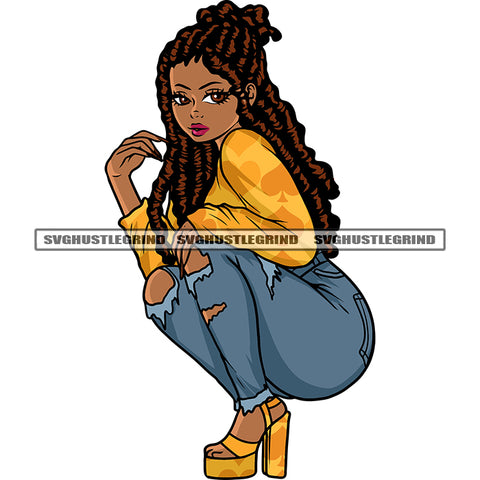 African American Girls Sitting Pose Beautiful Afro Girls Locus Hairstyle And Long Nail Vector White Background SVG JPG PNG Vector Clipart Cricut Silhouette Cut Cutting
