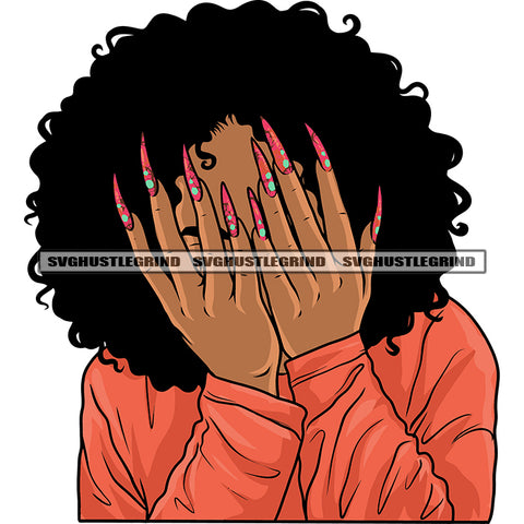 African American Gangster Woman Hide Face On His Hand Afro Short Hairstyle Design Element Long Nail White Background SVG JPG PNG Vector Clipart Cricut Silhouette Cut Cutting