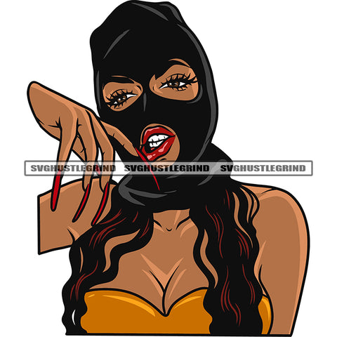 Angry Face African American Woman Wearing Ski Mask Afro Woman Long Nail Long Hairstyle Design Element SVG JPG PNG Vector Clipart Cricut Silhouette Cut Cutting