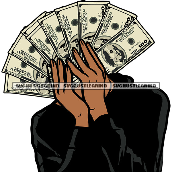 Gangster African American Boy Hand Holding Lot Of Money Note Afro Boy Wearing Finger Ring Design Element SVG JPG PNG Vector Clipart Cricut Silhouette Cut Cutting
