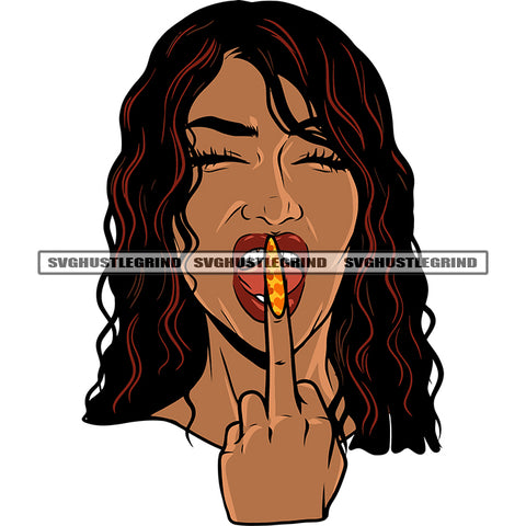 Sexy African American Woman Showing Middle Finger Afro Woman Long Nail Vector Design Element Curly Long Hairstyle SVG JPG PNG Vector Clipart Cricut Silhouette Cut Cutting