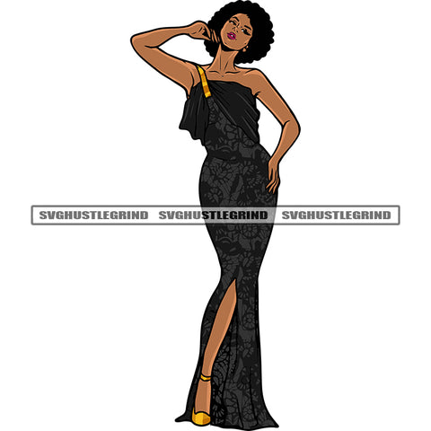 Afro Model Woman Standing Sexy Pose African American Woman Beautiful Woman Afro Short Hairstyle Design Element SVG JPG PNG Vector Clipart Cricut Silhouette Cut Cutting