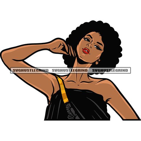 Smile Face African American Woman Afro Short Hairstyle Design Element Vector Long Nail White Background SVG JPG PNG Vector Clipart Cricut Silhouette Cut Cutting