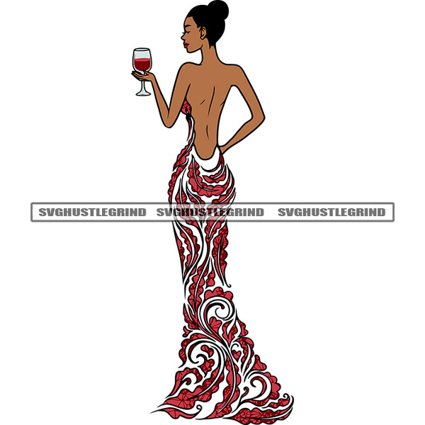 African American Woman Hand Holding Wine Glass Afro Beautiful Woman Back Side Standing Design Element SVG JPG PNG Vector Clipart Cricut Silhouette Cut Cutting