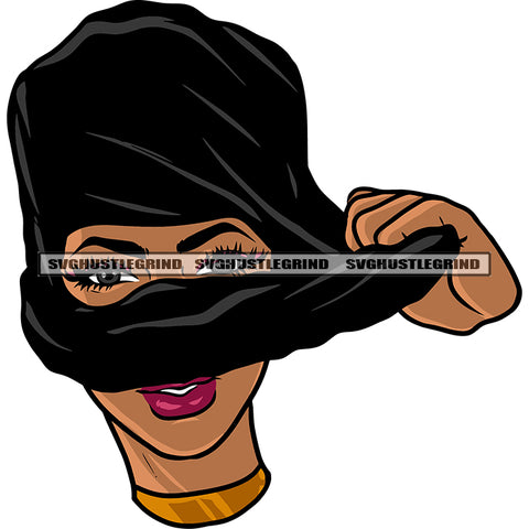 African American Woman Open His Ski Mask Afro Woman Smile Face Design Element SVG JPG PNG Vector Clipart Cricut Silhouette Cut Cutting