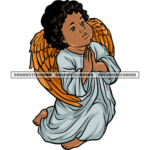 Baby Angle Hard Praying Hand African American Angle Praying Pose Golden Wins On His Backside Design Element SVG JPG PNG Vector Clipart Cricut Silhouette Cut Cutting
