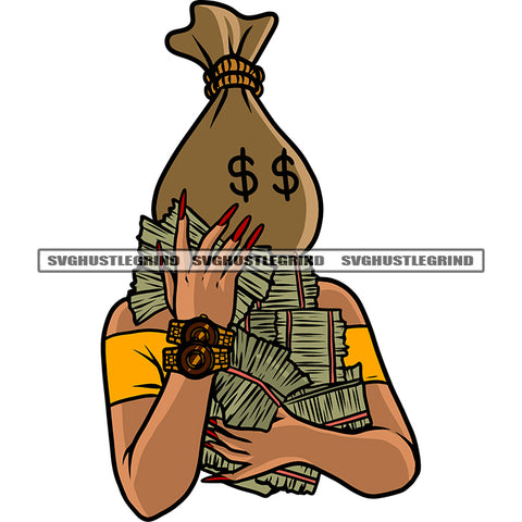 Funny Woman Head Money Bag Cartoon Character Woman Hand Holding Lot Of Money Bundle Long Nail White Background Design Element SVG JPG PNG Vector Clipart Cricut Silhouette Cut Cutting
