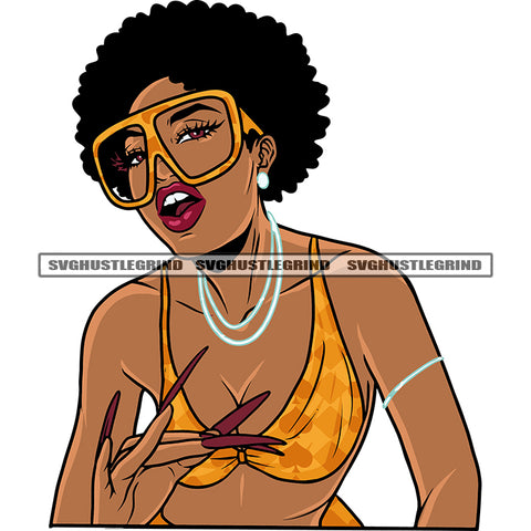 Sexy African American Woman Wearing Bikini And Sexy Pose Wearing Hoop Earing Afro Hairstyle And Long Nail Design Element SVG JPG PNG Vector Clipart Cricut Silhouette Cut Cutting