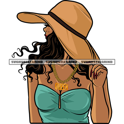 Queen Quote Locket African American Woman Hand Holding Cap Curly Long Hairstyle Wearing Sexy Dress Design Element SVG JPG PNG Vector Clipart Cricut Silhouette Cut Cutting