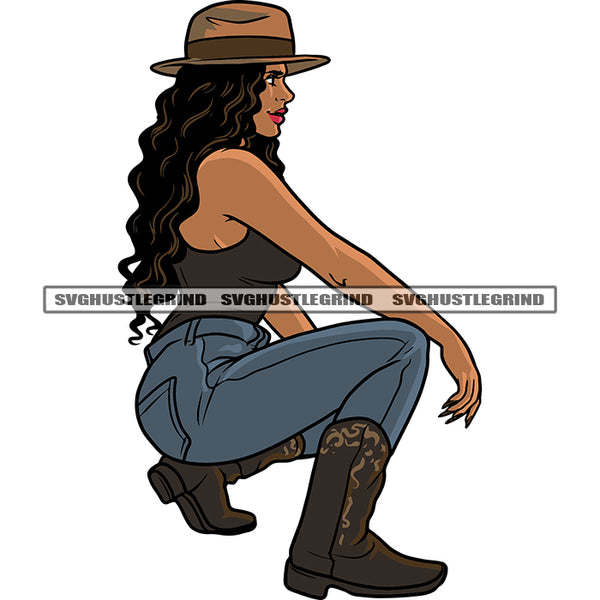 Gangster African American Sexy Woman Wearing Cowboy Hat Curly Long Hairstyle Design Element White Background Afro Woman Sitting Pose SVG JPG PNG Vector Clipart Cricut Silhouette Cut Cutting