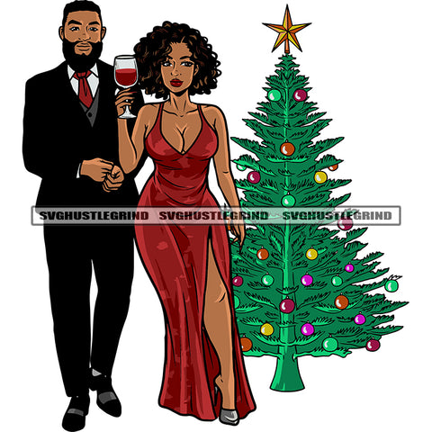 African American Couple Standing And Hand Holding Wine Glass Celebrate Christmas And On Side Christmas Tree SVG JPG PNG Vector Clipart Cricut Silhouette Cut Cutting