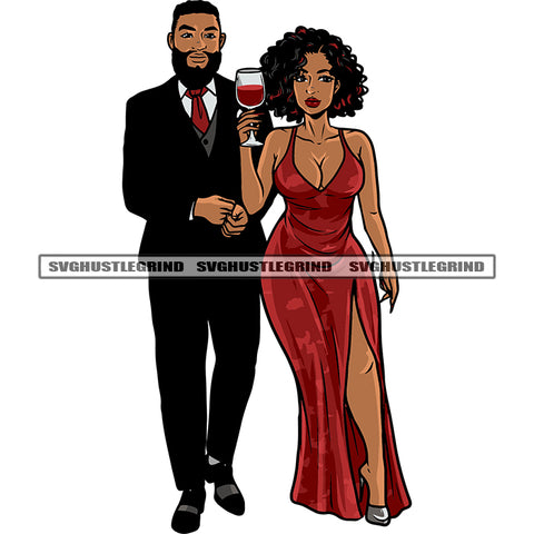 African American Couple Standing And Hand Holding Wine Glass Celebrate Christmas Afro Short Hairstyle White Background SVG JPG PNG Vector Clipart Cricut Silhouette Cut Cutting
