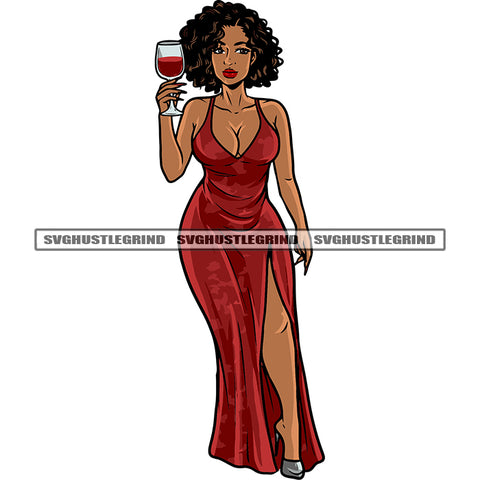 African American Woman Hand Holding Wine Glass Afro Woman Curly Short Hairstyle Design Element White Background Afro Woman Smile Face SVG JPG PNG Vector Clipart Cricut Silhouette Cut Cutting