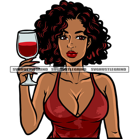 Beautiful Face African American Woman Hand Holding Wine Glass Afro Woman Curly Short Hairstyle Design Element White Background Afro Woman Smile Face SVG JPG PNG Vector Clipart Cricut Silhouette Cut Cutting