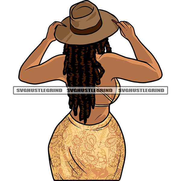 Sexy African American Woman Hand Holding Cowboy Hat Afro Woman Backside Design Element White Background SVG JPG PNG Vector Clipart Cricut Silhouette Cut Cutting