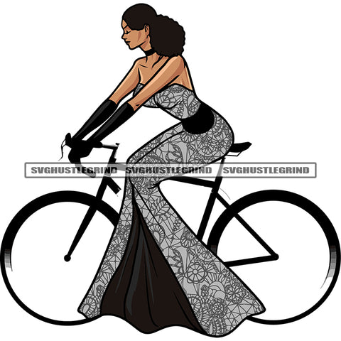 African American Woman Riding Bicycle Afro Hairstyle Design Element White Background Smile Face SVG JPG PNG Vector Clipart Cricut Silhouette Cut Cutting