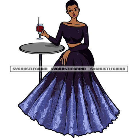 African American Woman Hand Holding Wine Glass And Afro Short Hairstyle Wearing Party Dress Vector Design Element SVG JPG PNG Vector Clipart Cricut Silhouette Cut Cutting