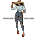 Beautiful Model African American Woman Hand Holding Cowboy Hat And Afro Woman Standing Design Element White Background SVG JPG PNG Vector Clipart Cricut Silhouette Cut Cutting