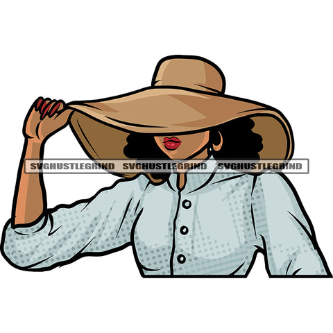 African American Woman Hand Holding Hat Afro Woman Half Body Design Element White Background Cute Face Girls SVG JPG PNG Vector Clipart Cricut Silhouette Cut Cutting
