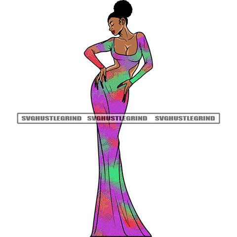 Melanin Woman Sexy Pose Standing Afro Short Hairstyle African American Woman Close Eyes Design Element Vector VG JPG PNG Vector Clipart Cricut Silhouette Cut Cutting