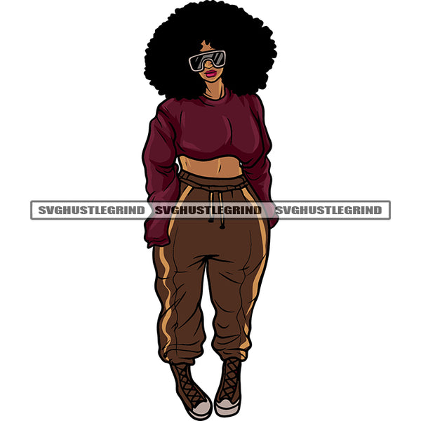 Gangster African American Girls Standing And Wearing Sunglass Afro Short Hairstyle Design Element White Background SVG JPG PNG Vector Clipart Cricut Silhouette Cut Cutting
