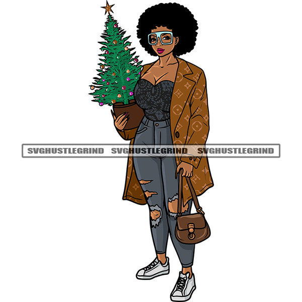 African American Girls Hand Holding Christmas Tree Afro Girls Wearing Sunglass And Coat Afro Short Hairstyle SVG JPG PNG Vector Clipart Cricut Silhouette Cut Cutting