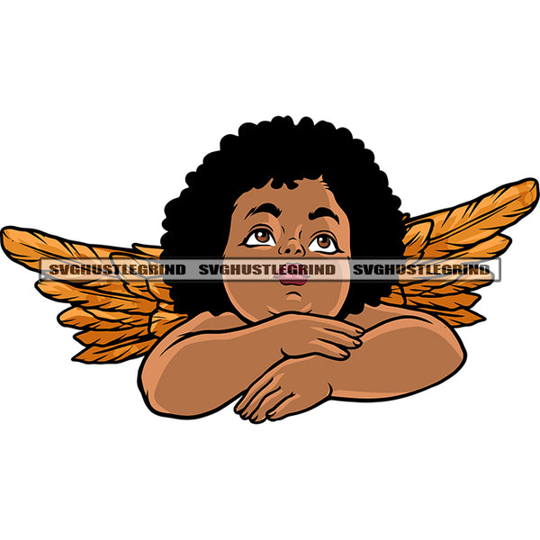 Baby Angle Thinking Pose African American Baby Angle Wing Vector White Background Ange Cute Face Wings SVG JPG PNG Vector Clipart Cricut Silhouette Cut Cutting