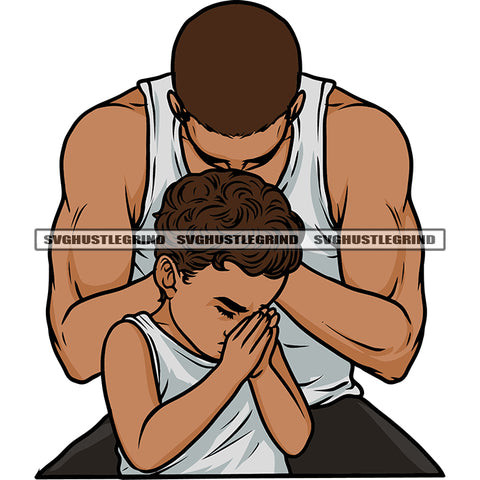 African American Family Pose Father And Son Hard Praying Hand Design Element Afro Father Praying Pose White Background SVG JPG PNG Vector Clipart Cricut Silhouette Cut Cutting