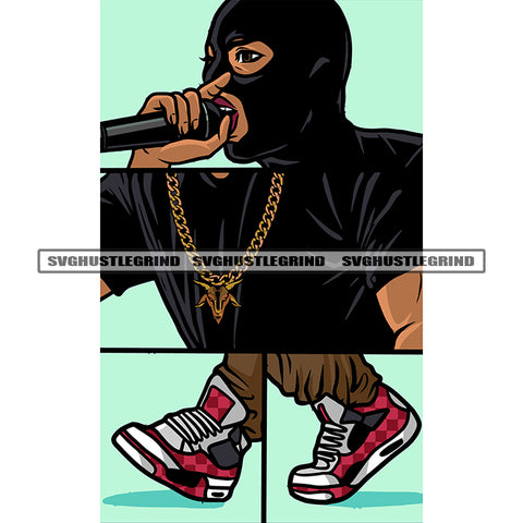 African American Singer Boy Pose Design Element Afro Man Wearing Ski Mask And Shoes White Background SVG JPG PNG Vector Clipart Cricut Silhouette Cut Cutting