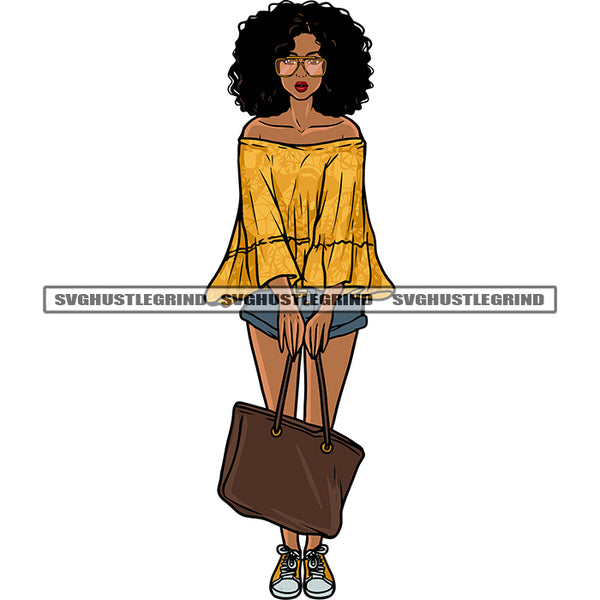African American Girls Standing And Hand Holding Bag Afro Girls Wearing Sunglass Afro Short Hairstyle Design Element SVG JPG PNG Vector Clipart Cricut Silhouette Cut Cutting