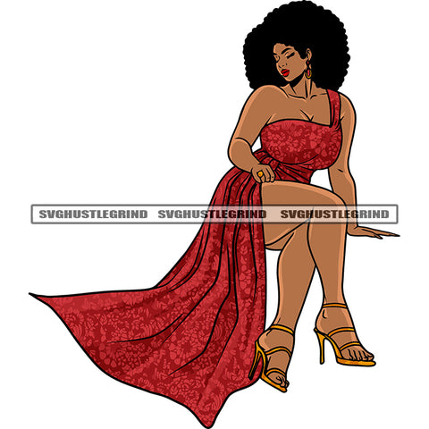 Sexy African American Woman Sitting Pose Wearing Model Dress Afro Short Hairstyle Close Eyes Design Element SVG JPG PNG Vector Clipart Cricut Silhouette Cut Cutting