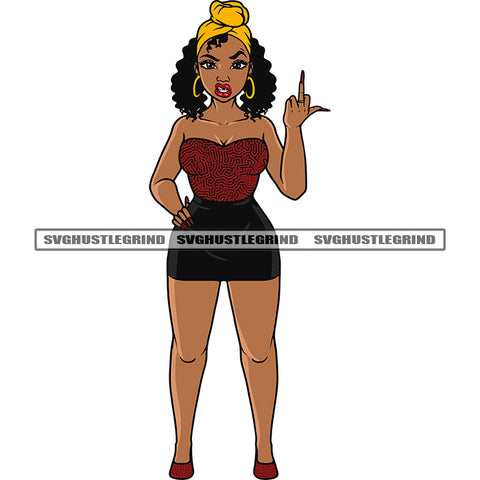 African American Woman Showing Middle Finger Long Nail Curly Hairstyle Wearing Hoop Earing Angry Face White Background SVG JPG PNG Vector Clipart Cricut Silhouette Cut Cutting
