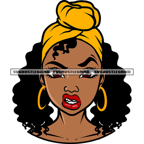 African American Angry Face Woman Head Design Element Wearing Hoop Earing Curly Hairstyle And Hair Band SVG JPG PNG Vector Clipart Cricut Silhouette Cut Cutting