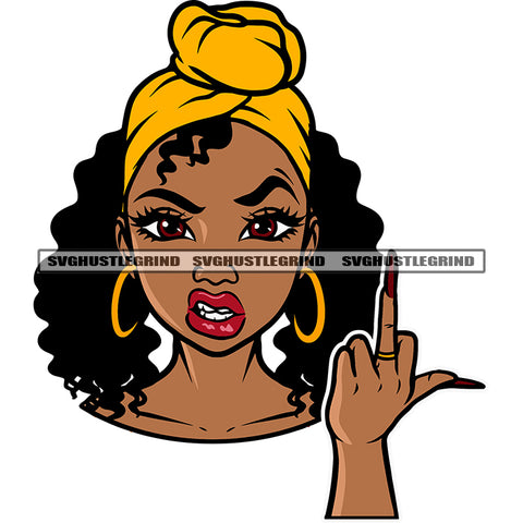 African American Angry Face Woman Head Design Element Wearing Hoop Earing Middle Finger Curly Hairstyle And Hair Band SVG JPG PNG Vector Clipart Cricut Silhouette Cut Cutting