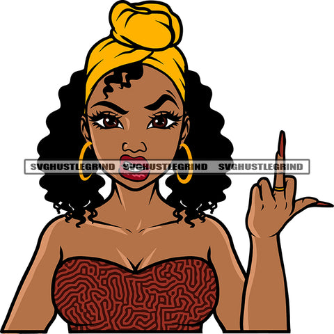 African American Angry Face Woman Showing Middle Finger Head Design Element Wearing Hoop Earing Curly Hairstyle And Hair Band White Background SVG JPG PNG Vector Clipart Cricut Silhouette Cut Cutting