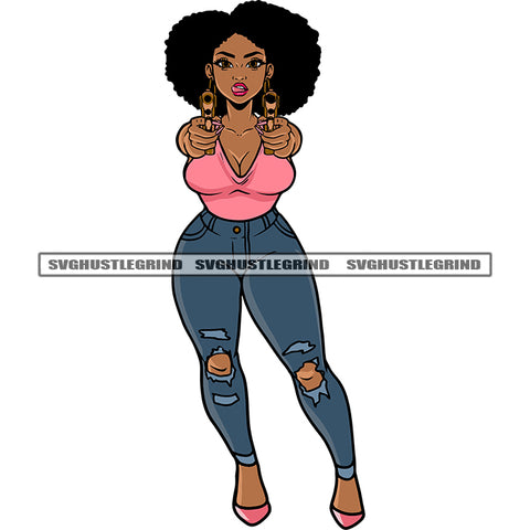 Gangster African American Woman Hand Holding Double Pistol Vector Afro Short Hairstyle Design Element Woman Standing SVG JPG PNG Vector Clipart Cricut Silhouette Cut Cutting