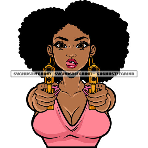 Gangster Sexy African American Woman Hand Holding Double Pistol Vector Afro Short Hairstyle Design Element Woman Tongue Out Of Mouth White Background SVG JPG PNG Vector Clipart Cricut Silhouette Cut Cutting