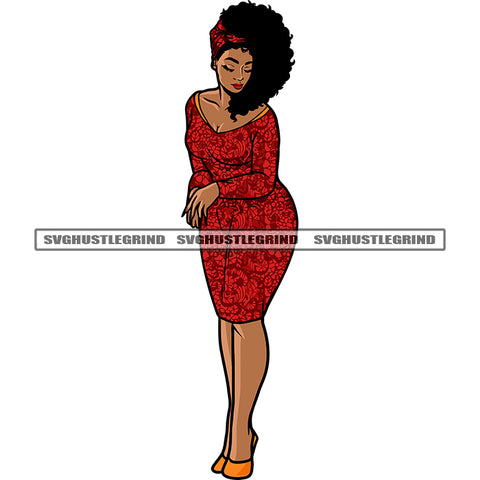 African American Sexy Woman Standing Curly Long Hairstyle Design Element Afro Woman Close Eyes Vector White Background SVG JPG PNG Vector Clipart Cricut Silhouette Cut Cutting