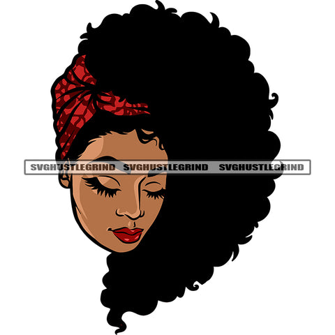 Beautiful African American Woman Head Design Element Curly Short Hairstyle Close Eyes White Background Vector Wearing Hair Band SVG JPG PNG Vector Clipart Cricut Silhouette Cut Cutting