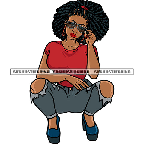 Gangster African American Woman Sitting Pose Wearing Sunglasses And Hoop Earing Vector Design Element White Background Afro Woman Cute Face SVG JPG PNG Vector Clipart Cricut Silhouette Cut Cutting
