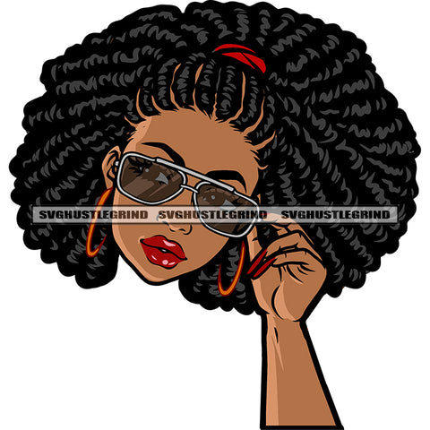 Beautiful African American Woman Wearing Sunglass And Hoop Earing Face Design Element Curly Long Hairstyle White Background SVG JPG PNG Vector Clipart Cricut Silhouette Cut Cutting