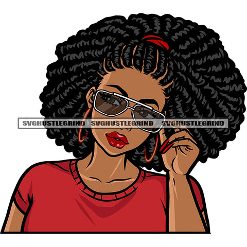 African American Woman Hand Holding Sunglasses And Wearing Hoop Earing Vector Curly Hairstyle White Background SVG JPG PNG Vector Clipart Cricut Silhouette Cut Cutting