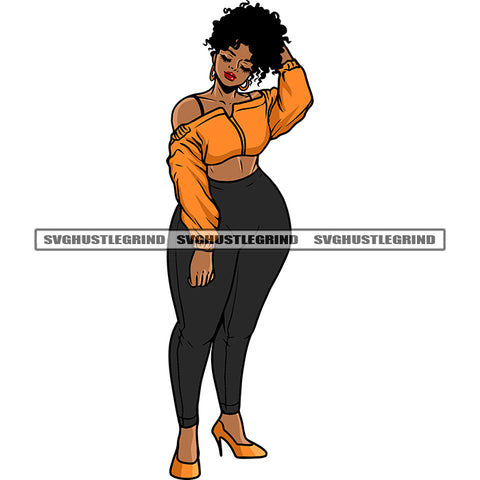 Gangster African American Sexy Woman Standing And Close Eyes Design Element Plus Size Woman White Background SVG JPG PNG Vector Clipart Cricut Silhouette Cut Cutting