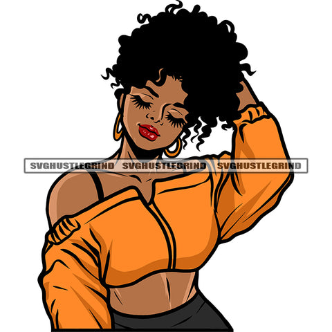 Gangster African American Sexy Woman Half Body And Close Eyes Design Element Plus Size Woman White Background Wearing Hoop Earing SVG JPG PNG Vector Clipart Cricut Silhouette Cut Cutting