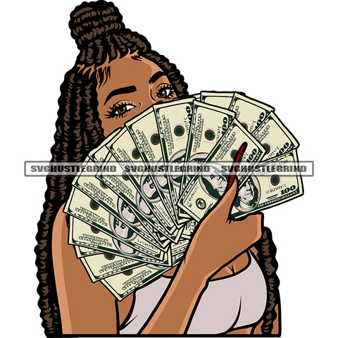 Gangster African American Woman Hand Holding Money Note Hide Face Locus Long Hairstyle Design Element White Background SVG JPG PNG Vector Clipart Cricut Silhouette Cut Cutting
