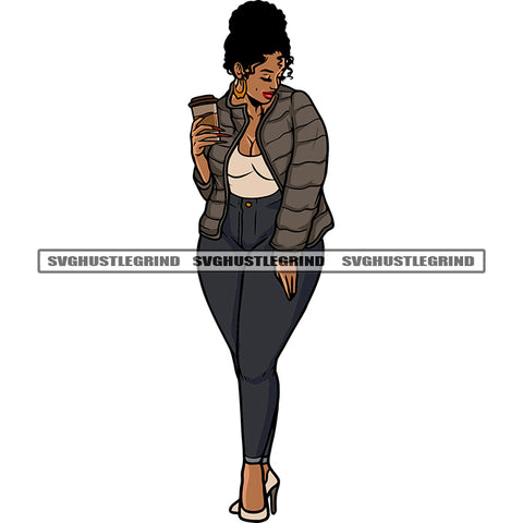 Woman Hand Holding Coffee Mug And African American Woman Standing Design Element Business Woman Wearing Coat Vector Curly Hairstyle SVG JPG PNG Vector Clipart Cricut Silhouette Cut Cutting