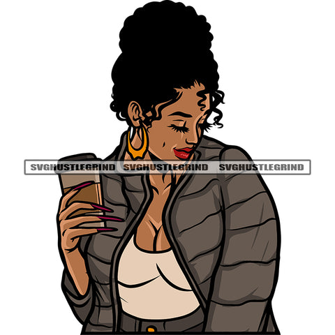 Sexy Woman Hand Holding Coffee Mug And African American Woman Half Body Design Element Business Woman Wearing Coat Vector Curly Hairstyle SVG JPG PNG Vector Clipart Cricut Silhouette Cut Cutting