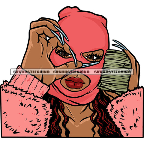 Gangster African American Woman Hand Holding Bundle Money Note And Long Nail Design Element Wearing Red Color Ski Mask White Background SVG JPG PNG Vector Clipart Cricut Silhouette Cut Cutting