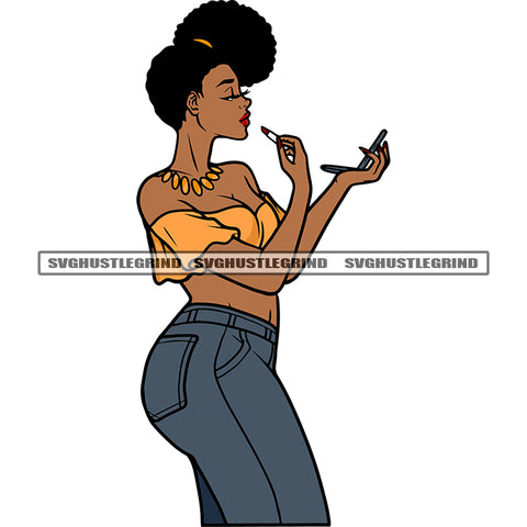 Gangster African American Woman Make-Up Pose Side Design Element Afro Hairstyle White Background Wearing Sexy Dress SVG JPG PNG Vector Clipart Cricut Silhouette Cut Cutting