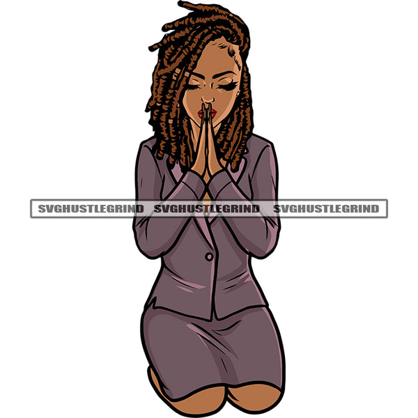 Hard Praying Hand Pose African American Girls Sitting Pose Locus Hairstyle Design Element White Background Close Eyes SVG JPG PNG Vector Clipart Cricut Silhouette Cut Cutting
